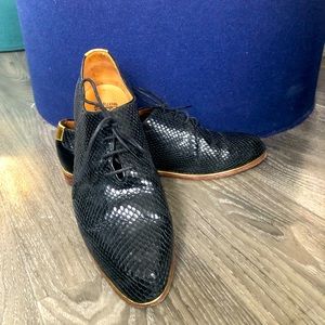 John Fluevog - Modvogs Mariella - Embossed Black Leather Oxfords